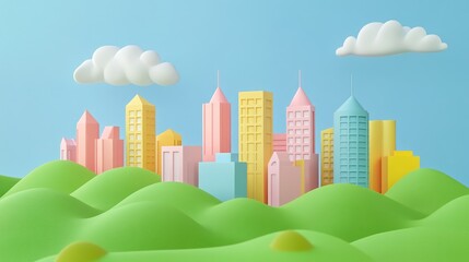 Poster - A cute, minimalist 3D cartoon cityscape nestled on green hills with clear skies and simple geometric buildings.
