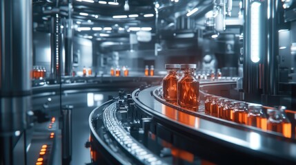 Poster - A fully automated pharmaceutical conveyor line with glass bottles, highlighting modern technology and efficiency in the manufacturing process.
