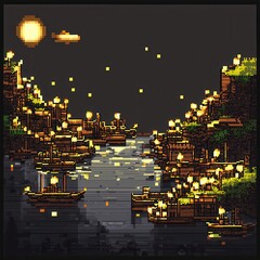 Wall Mural - 20241228122317list 4 A charming 8-bit pixel art of a glowing pixelated harbor with tiny pixelated boats, sparkling waves, and glowing lanterns, set on a pastel aqua and grey background for a 