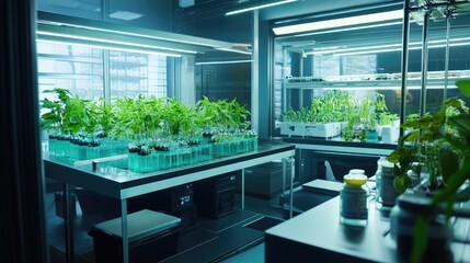 Poster - A futuristic research lab focused on water purification and sustainability, highlighting eco-friendly technologies for the future.