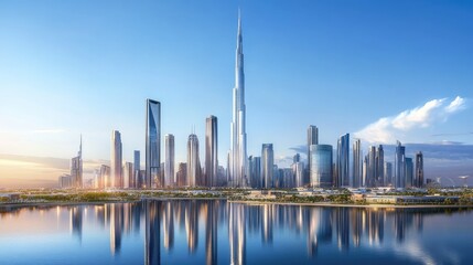 Poster - A futuristic skyline of reflective office skyscrapers in a business hub, with clear blue skies and tall, sleek designs.