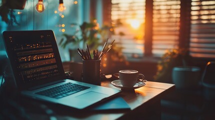 Aufkleber - A lively and creative workspace with music notes and coffee, filled with inspiration and energy for artistic endeavors.