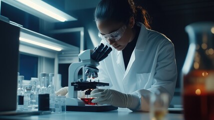 Poster - A medical lab assistant analyzing a blood sample with a microscope in a state-of-the-art lab, focusing on pharmaceutical and medical research.