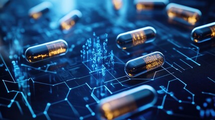 Poster - A modern digital illustration of nanoscale innovations in drug delivery, revolutionizing medical treatments with precision and advanced technology.