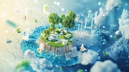 Poster - A modern representation of clean water technologies, with digital graphics depicting solutions to global water issues and sustainability.