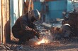 © Oleh - Welder in protective gear skillfully welding metal with a torch, generating bright sparks and thick smoke in a bustling industrial environment filled with machinery and equipment