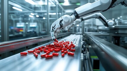 Poster - A robot arms sorting red pills on a high-speed conveyor belt in a pharmaceutical production facility, demonstrating automated medicine manufacturing.