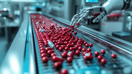 Poster - A robot arms sorting red pills on a high-speed conveyor belt in a pharmaceutical production facility, demonstrating automated medicine manufacturing.
