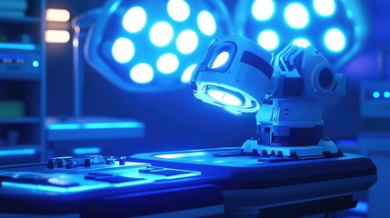 Poster - A robot assisting with an operation on a surgical table under bright blue lights, representing the future of robotic surgeries in healthcare.