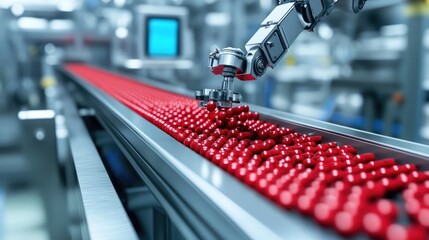 Poster - A robot working on a conveyor belt in a pharmaceutical factory, handling red pills with speed and precision, highlighting modern automation technology.