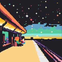 Wall Mural - 20241228122317list 79 An intricate 8-bit pixel art of a glowing pixelated train station with tiny pixelated passengers and sparkling stars, set on a pastel grey and yellow background for a nostalgic 