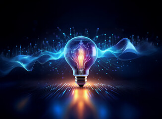 Aufkleber - A glowing lightbulb, emanating energy and surrounded by dynamic light waves, symbolizes innovation, creativity, and bright ideas.  The image evokes a sense of futuristic technology and progress.