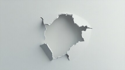 Poster - A simple and isolated hole in a white wall, symbolizing wear and tear in architecture or an accident in a clean environment.