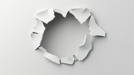 Poster - A simple and isolated hole in a white wall, symbolizing wear and tear in architecture or an accident in a clean environment.