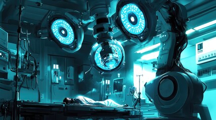 Aufkleber - A surgical robot performing a procedure on a patient, with blue surgical lights creating a high-tech medical environment.