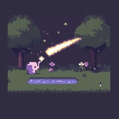 Wall Mural - A playful 8-bit pixel art of a glowing pixelated elephant spraying glowing water over a pixelated river, surrounded by sparkling flowers and pixelated trees, set on a pastel grey and green background.