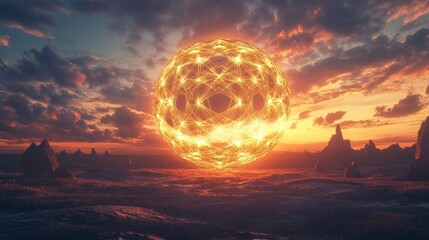 Poster - Abstract 3D wallpaper with a glowing round geometric shape against a sunset or sunrise background, creating a mystical, serene landscape.