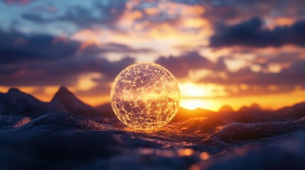 Poster - Abstract 3D wallpaper with a glowing round geometric shape against a sunset or sunrise background, creating a mystical, serene landscape.