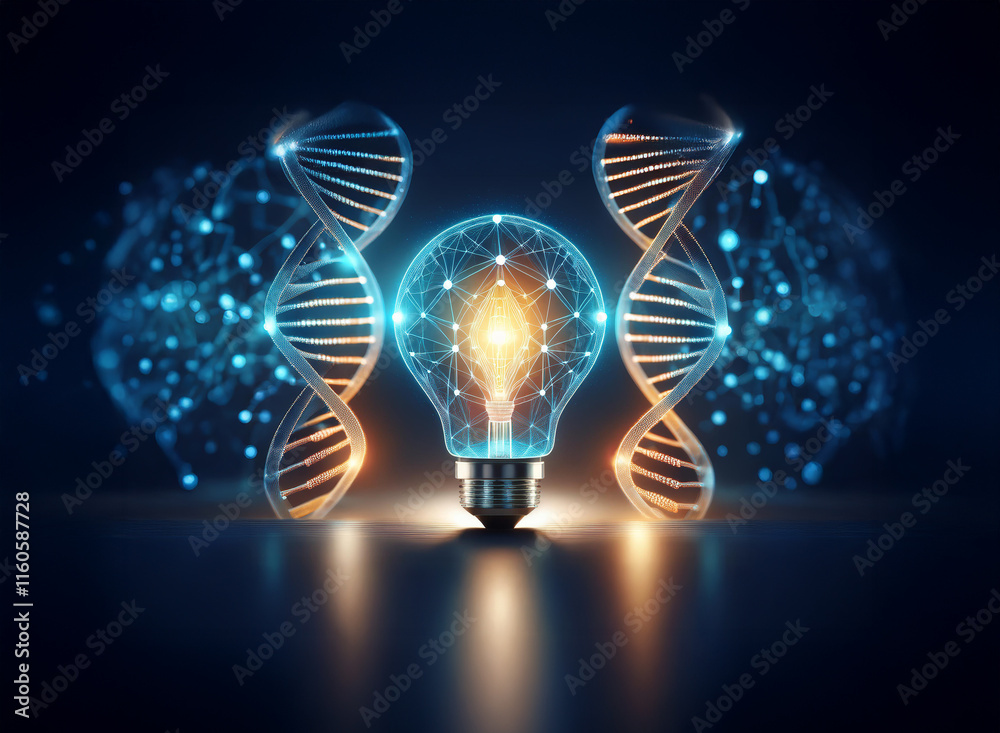 A glowing lightbulb, symbolic of an idea, is flanked by DNA double ...