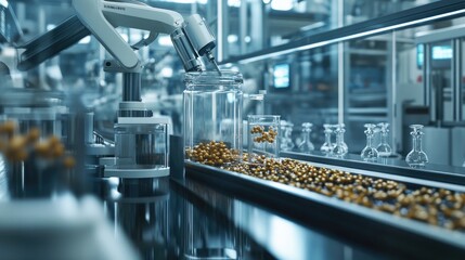 Poster - Advanced pharmaceutical manufacturing with pills being transported on a conveyor, emphasizing innovation and precision in healthcare production.