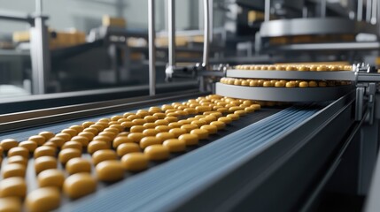 Poster - Advanced pharmaceutical manufacturing with pills being transported on a conveyor, emphasizing innovation and precision in healthcare production.