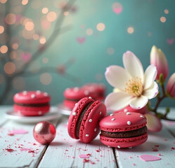 Canvas Print -  Valentine's pink macarons with white polka dots on a rustic white wooden table