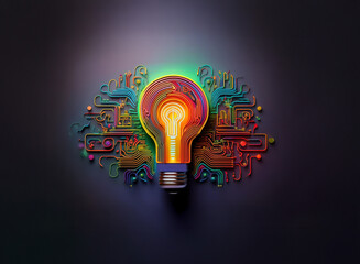 Poster - A vibrant, glowing lightbulb, intricately detailed with colorful circuitry, symbolizes innovation and bright ideas against a dark background.