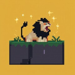 Wall Mural - An intricate 8-bit pixel art of a glowing pixelated lion roaring on a glowing rock, surrounded by tiny pixelated grass and sparkling stars, set on a pastel yellow and orange background for a 