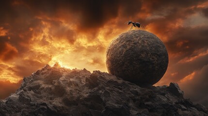 Poster - Artistic representation of an ant rolling a stone uphill on a mountain, depicting a mythological metaphor of relentless perseverance.