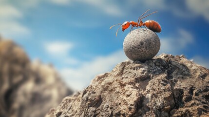 Poster - Artistic representation of an ant rolling a stone uphill on a mountain, depicting a mythological metaphor of relentless perseverance.