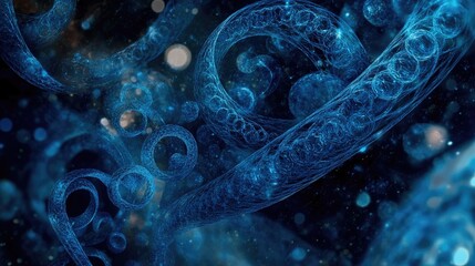 Poster - Artistic representation of blue DNA helixes swirling in circles, symbolizing the complexity of genetics and molecular biology.