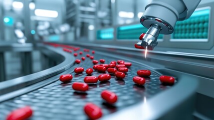 Poster - Close-up of a robot processing red pills on a conveyor belt in a pharmaceutical plant, symbolizing advanced automation in drug manufacturing.