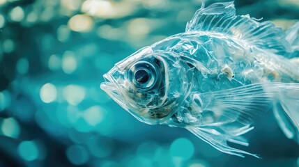 Poster - Close-up of a transparent fish with plastic waste inside, surrounded by polluted blue water, representing environmental pollution