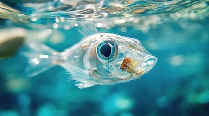 Poster - Close-up of a transparent fish with plastic waste inside, surrounded by polluted blue water, representing environmental pollution