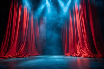 Aufkleber - Red curtains opening on empty stage with blue lights and smoke