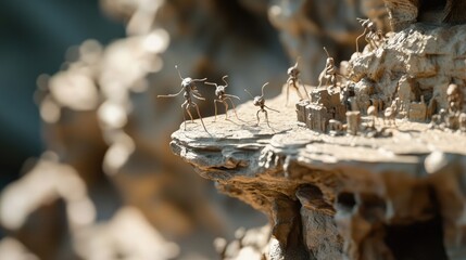 Poster - Close-up of the Statue of Labour, celebrating ants' civilization and evolution over 150 million years, set in a natural landscape.