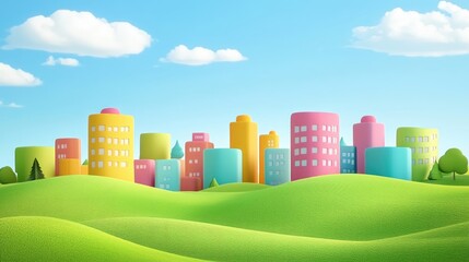Poster - Colorful 3D cartoon cityscape on rolling green hills with simple shapes and a cute minimalistic design under a clear blue sky.