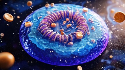 Poster - Conceptual image of a cell structure with chromosomes, DNA, telomeres, and genes, showing how these components work together in biology.