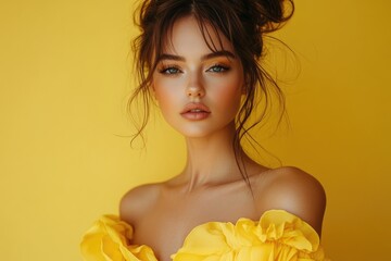 Wall Mural - Fashion model posing with yellow makeup and dress on yellow background