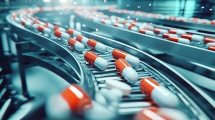 Poster - Conveyor system at a pharmaceutical plant, transporting medical ampoules, illustrating the scale of drug manufacturing and pharmacy production.