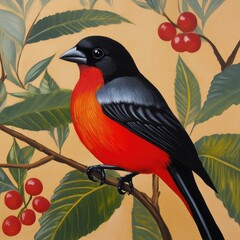 Wall Mural - A bird sits peacefully on a tree branch, surrounded by lush greenery