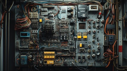 Poster - Detailed image of an electrical control board with a network of wires, switches, and machine electronics used for production automation.