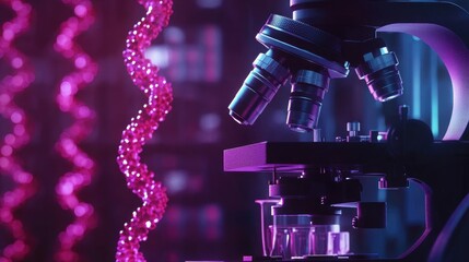 Poster - Detailed shot of a lab with a microscope focusing on a DNA strand, representing cutting-edge genetic research and medical studies.