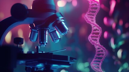 Poster - Detailed shot of a lab with a microscope focusing on a DNA strand, representing cutting-edge genetic research and medical studies.