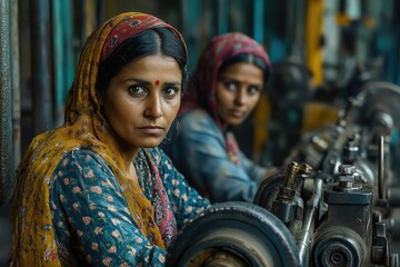 Aufkleber - Indian female workers operating machinery in textile factory