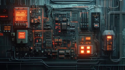 Aufkleber - Electrical control board with multiple wires, switches, and machine components, managing electricity flow and automation in industrial settings.
