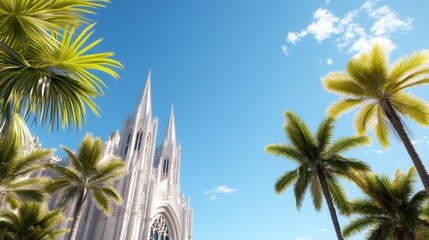 Wall Mural - A majestic church surrounded by palm trees under a clear blue sky.