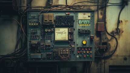 Aufkleber - Electrical control board with multiple wires, switches, and machine components, managing electricity flow and automation in industrial settings.