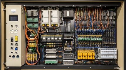 Aufkleber - Electrical control board with multiple wires, switches, and machine components, managing electricity flow and automation in industrial settings.