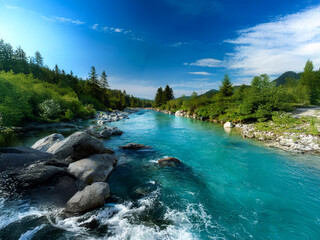 Poster - A vibrant turquoise river flows through a lush green valley under a brilliant blue sky.  Large rocks line the riverbanks, and the water is clear and fast-flowing.
